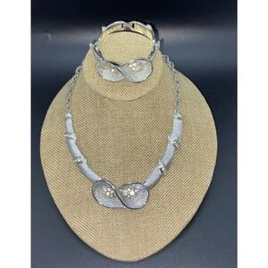 VTG Art Deco Choker Necklace And Bracelet Rhinestones Silver Tone
